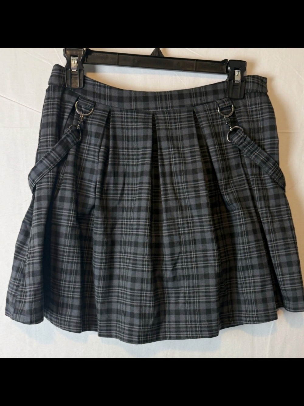 Gray Plaid Pleated Mini Skirt with Buckle Strap Detail